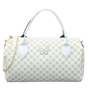 White Boston pillow bag with golden clover print and a white butterfly metal clasp