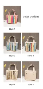 Detail showing five straw tote bags with metallic rivets and colorful woven patterns