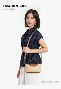 Detailed view of women's straw crossbody bag featuring premium leather trim and gold hardware