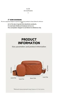 Detailed size specifications for orange quilted faux leather crossbody bag and pouch