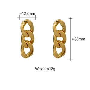 Detailed view of gold chain link earrings with size dimensions 12.2mm by 35mm