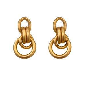 Retro matte gold layered hoop drop earrings with a geometric multi-ring pendant design