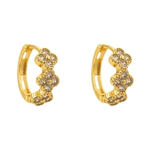 Elegant gold hoop earrings featuring clover charms with inlaid zircon on white background