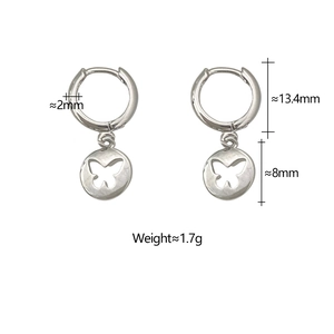 Detail view of silver butterfly cutout hoop earrings with dimensions and weight specs