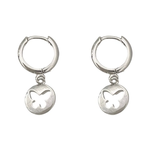 Silver mini hoop earrings featuring hollow butterfly circular pendants with polished finish