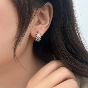 Sparkling leaf-shaped earrings with zirconia in silver finish worn on model