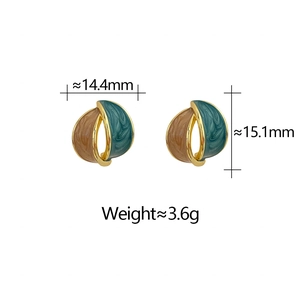 Detail view of C-shaped enamel earrings showing 14.4mm width and 15.1mm height dimensions