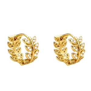 Golden laurel leaf hoop earrings with shimmering cubic zirconia stones on white background