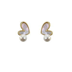Elegant heart-shaped gold earrings with iridescent shell inlay and hanging pearls