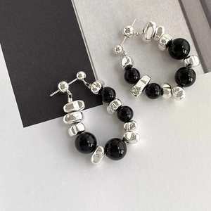 Minimalist Black Bead Hoop Earrings Irregular Crushed Silver Liquid Metal Texture Copper Gold Plated French Retro Elegant Jewelry