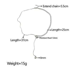 Detail of adjustable silver necklace showing chain dimensions and a 12mm pearl pendant