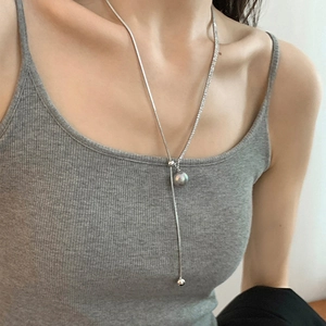 Long Y-Shaped Lariat Necklace Copper With Grey Shell Artificial Pearl Pendant And Rectangular Zircon Adjustable Snake Bone Chain For Women