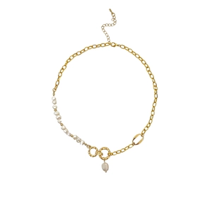 Baroque freshwater pearl and gold chain asymmetric necklace with a teardrop pendant