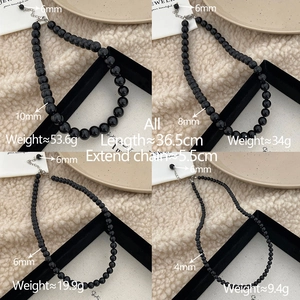 Detail view of 4mm to 10mm black natural stone necklaces with size and weight specifications