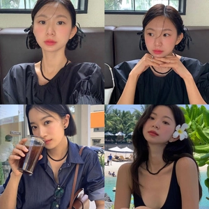 Detailed views of woman wearing handmade black natural stone beaded necklace in various settings