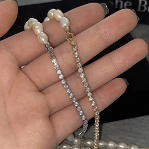 Baroque freshwater pearl and rhinestone tennis necklace with gold and silver split design