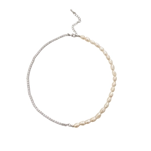 Baroque freshwater pearl and square cut zircon splice necklace with silver extension chain