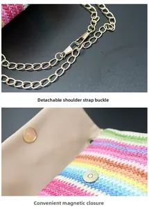 Detail of rainbow straw bag featuring detachable gold chain and magnetic snap closure