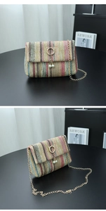 Detail of colorful woven crossbody bag with gold cat-ear ring lock and pearl pendants