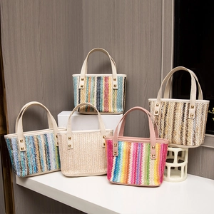 Women Colorful Striped Straw Woven Handbag With PU Handle Metal Rivets Small Beach Tote Bag Bohemian Casual Vacation Purse