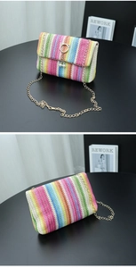 Detail of colorful rainbow straw crossbody bag with golden cat lock and pearl tassel