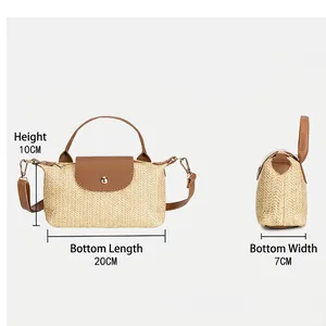 Fashionable woven straw small square handbag with brown leather flap and metal clasp