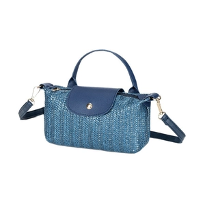 Blue woven straw textured mini square bag with golden hardware and top handle strap