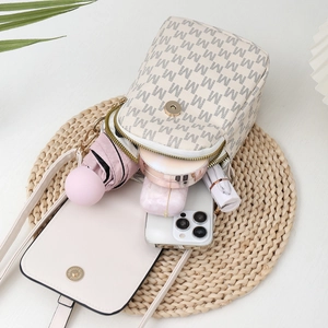 Chic cream crossbody phone bag for women with M letter pattern and storage detail