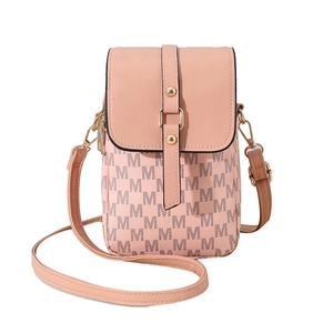 Pink crossbody phone bag for women featuring letter prints and adjustable strap