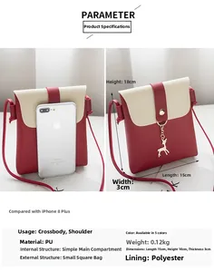Size chart showing 15x18x3cm dimensions and PU leather specs for this women's crossbody bag