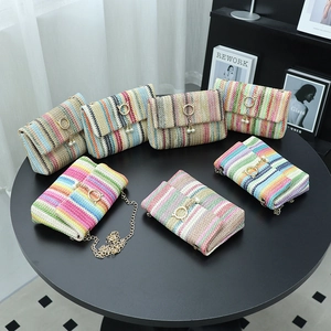 Women Colorful Striped Straw Woven Chain Crossbody Bag Summer Beach Small Shoulder Purse Artificial Pearl Cat Ear Buckle