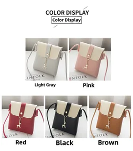 Detailed view of color-block mini crossbody bags with gold deer pendant in five colors