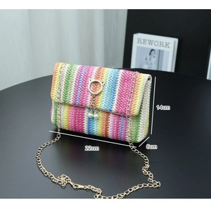 Rainbow striped straw crossbody bag with cat-ear lock and pearl tassel accessory