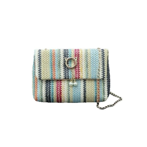 Summer striped straw crossbody bag with cat-ear ring, pearl tassel and gold chain strap