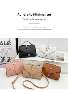 Five minimalist handbags in black, white, pink, beige, and brown with gold fan-shaped buckles