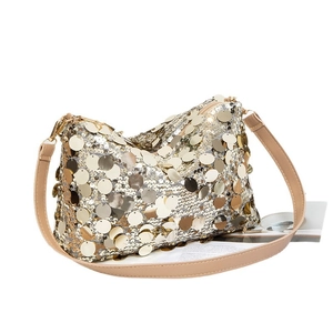 Sac sous le bras à paillettes dorées et argentées avec bandoulière en cuir pour l'été