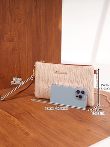 Detailed size comparison of a woven crossbody bag next to a smartphone showing dimensions