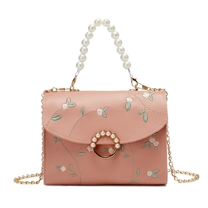 Pink floral embroidery crossbody bag with pearl handle and golden chain strap