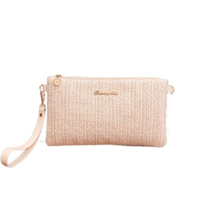Elegant woven beige rectangle clutch bag with wristlet strap and gold zipper detail