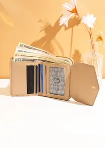 Interior layout of beige tri-fold wallet showing multiple card slots and clear ID window