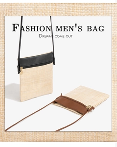 Detail of woven straw phone bags with contrast faux leather trim and thin straps