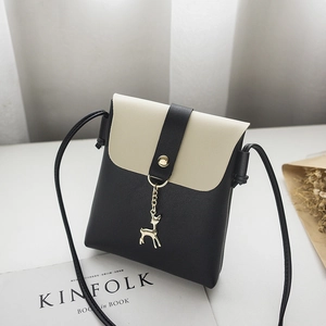 Women Mini Crossbody Phone Bag PU Leather Contrast Color Small Shoulder Bag With Deer Pendant Flip Top Casual Style