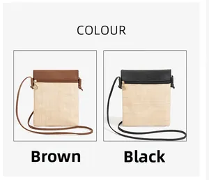 Detail view of straw woven crossbody phone bags in brown and black with leather straps