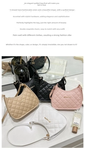 Close-up of quilted pattern and gold logo on beige, black, pink and white shoulder bags