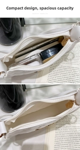 White quilted underarm bag showing interior space for phone, lipstick and airpods