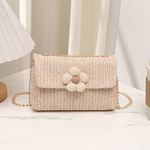 Strohgewebte Kleine Quadratische Tasche Blumendekor Goldkette Sommer Strandurlaub Pastoraler Stil Damen Klappe Umhängetasche