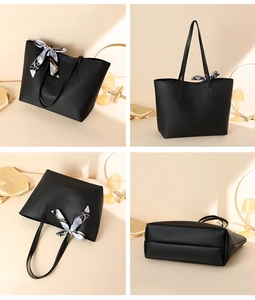Detaillierte Vierfachansicht einer schwarzen Leder-Tote-Bag mit bedrucktem Seidenschal