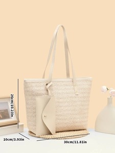 Detailed size specifications of the cream woven tote bag showing 30x26x10 cm dimensions