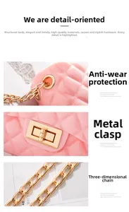 Detail of pink quilted jelly bag featuring gold metal turn-lock and premium chain strap