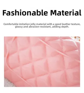 Close-up of pink jelly purse with quilted pattern and glossy semi-transparent finish